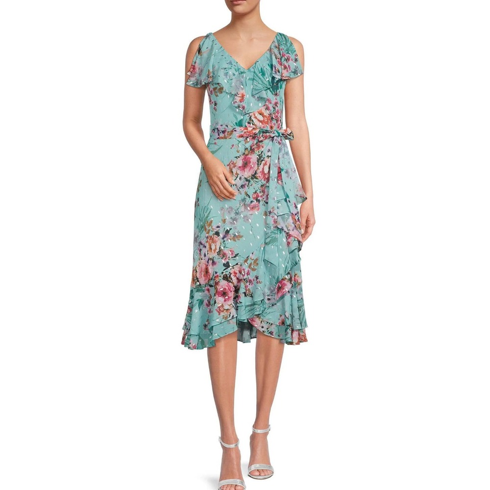 Eliza J Blue Wrap Midi Dress with Ruffled V-Neck